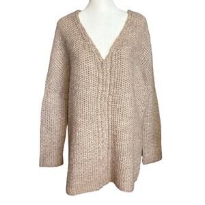Moth Anthropologie Size S Oversized V Neck Sweater Chunky Knit Tan Alpaca Wool